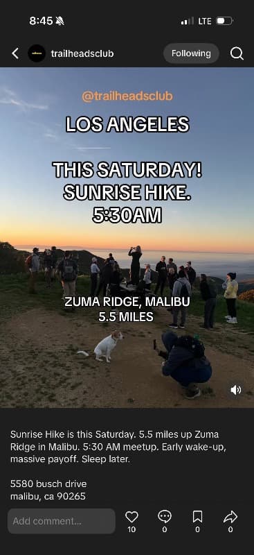 Sunrise hike in Malibu with trailheadsclub